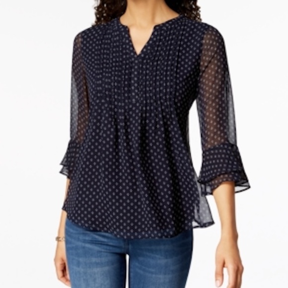 Charter Club Womens Small Pintuck Top Intrepid Blue White Print Sheer 3/4 Sleeve - Picture 1 of 9